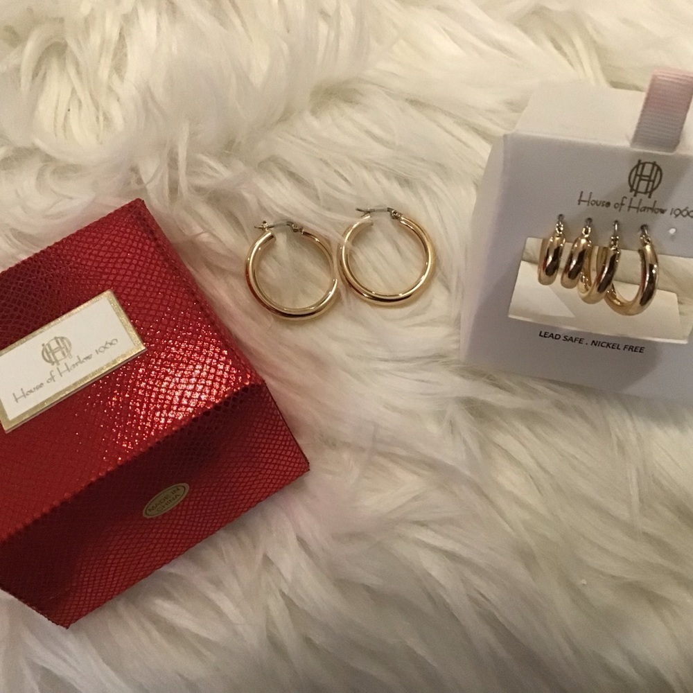 House of Harlow 1960  3 gold color hoops 1.25”TO 1/2” Lead safe, Nickel free NWT